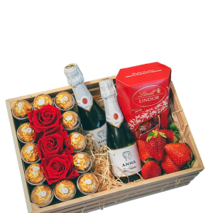 cesta romántica con chocolate y champán